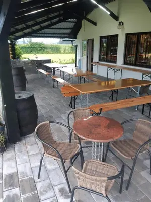a patio with tables and chairs and a grill at APP PARCELA CELJE in Celje