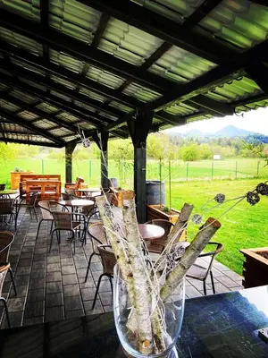 a vase sitting on a patio with tables and chairs at APP PARCELA CELJE in Celje