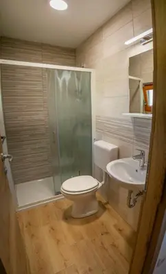 a bathroom with a shower and a toilet and a sink at Wooden Chalet - Homestead Vrhovc in Železniki