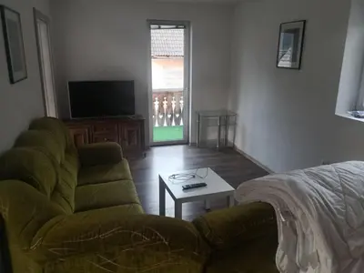 a living room with a couch and a tv at Apartma Alja Podkoren in Kranjska Gora