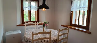 a dining room table with a vase of flowers on it at Apartment Perunika in Cerkno