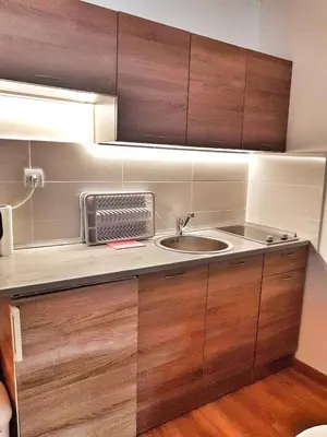 a kitchen with a sink and wooden cabinets at Apartma Rogla Gaber 63 in Zreče
