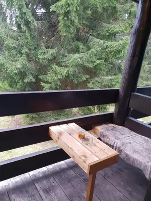 a wooden bench on a porch with a view of trees at Apartma Rogla Gaber 63 in Zreče