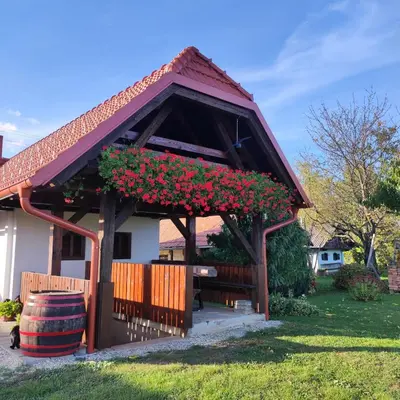 a gazebo with red flowers on it at Vorgova klet in Bogojina