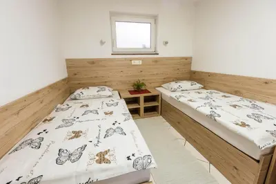 two beds in a room with a window at Apartmaji Natura KOLPA in Adlešiči