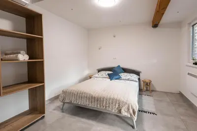 a bedroom with a bed with blue pillows at Apartmaji Natura KOLPA in Adlešiči
