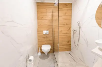 a bathroom with a shower with a toilet and a sink at Apartmaji Natura KOLPA in Adlešiči
