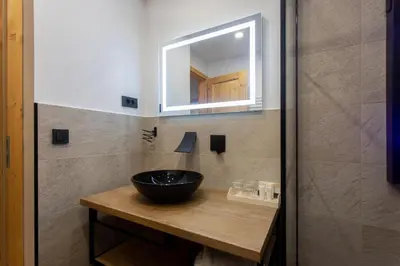 a bathroom with a bowl sink and a mirror at Honey apartments in Žirovnica