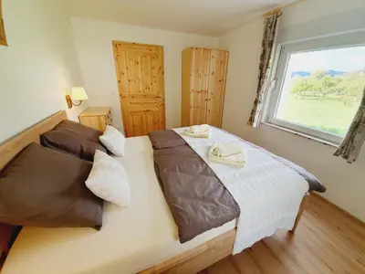 a bedroom with a large bed and a window at Honey apartments in Žirovnica