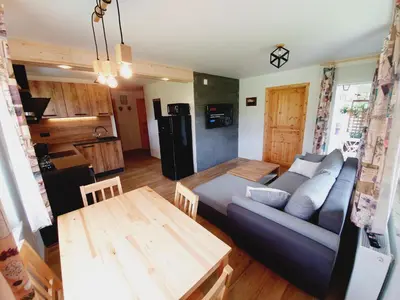 a living room with a couch and a table at Honey apartments in Žirovnica