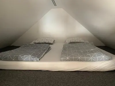 two beds in a room with a attic at 18Home apartments, Mojstrana in Mojstrana