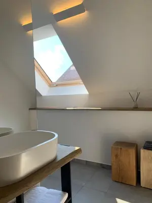 a bathroom with a white sink and a skylight at 18Home apartments, Mojstrana in Mojstrana