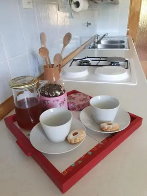 a kitchen counter with plates and bowls and utensils at Green Oasis Anica in Podčetrtek