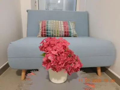a blue chair with a vase with flowers in it at Apartma Ada in Tolmin