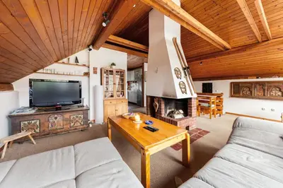 a living room with a couch and a fireplace at Holiday Home Bela in Bohinjska Bela