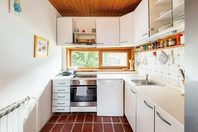a small kitchen with white cabinets and a sink at Holiday Home Bela in Bohinjska Bela