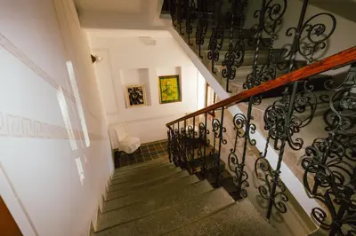 a stairway with a black wrought iron railing at B&B Vransko 29 in Vransko