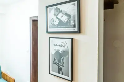 two framed pictures of a microphone on a wall at Stairway to the castle in Ljubljana