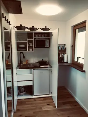 a small kitchen with a sink and a microwave at Village Apartments in Šentilj