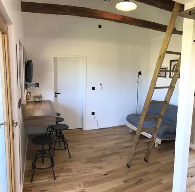 a room with a bunk bed and a desk and chairs at Village Apartments in Šentilj