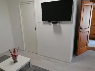 a living room with a tv on a white wall at Domačija Mirko in Miren