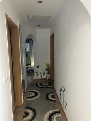 a hallway with a carpet with a snake pattern on it at Turistična kmetija Golej in Podčetrtek