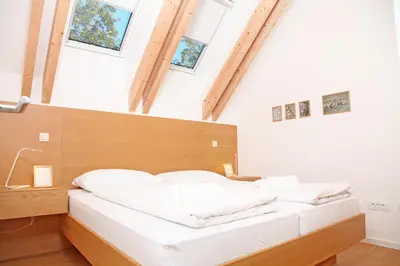 a bedroom with two beds in a room with skylights at Apartment Jurijana - New 4-Bedroom Triplex with Sauna & Garden in Bohinj