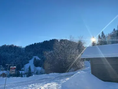 a snow covered roof of a house with the sun behind it at Apartma Jure in Zgornje Gorje