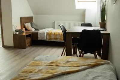 a room with a table and chairs and a bed at Turistična kmetija Sirk in Zgornja Velka