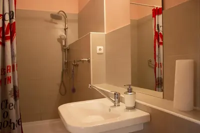 a bathroom with a sink and a shower at Turistična kmetija Sirk in Zgornja Velka