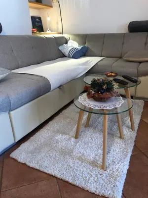 a living room with a couch and a table at Apartment in the heart of nature in Bohinj