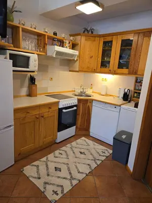 a kitchen with white appliances and wooden cabinets at Apartment in the heart of nature in Bohinj