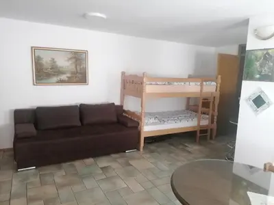 a living room with a couch and a table at Apartma Gače in Semič