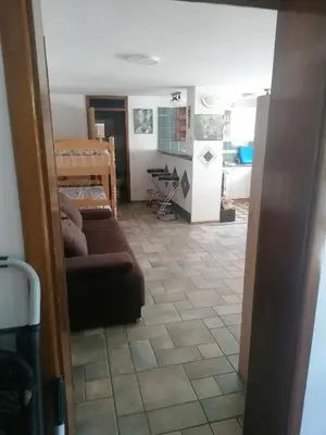 a living room with a couch and a kitchen at Apartma Gače in Semič