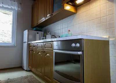 a kitchen with a stove and a refrigerator at Apartment Mavrica Bled, quiet location, with a view of the lake in Bled