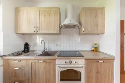 a kitchen with wooden cabinets and a sink and an oven at Timber Apartment in Bohinj