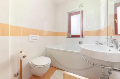a bathroom with a sink and a toilet and a bath tub at Timber Apartment in Bohinj