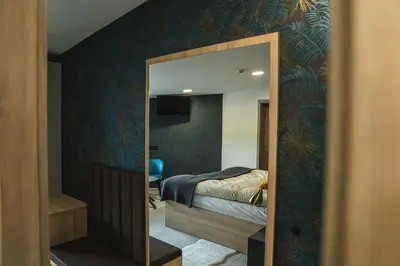 a bedroom with a mirror and a bed in a room at B&B La Siesta in Markovci