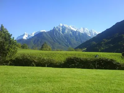 a green field with mountains in the background at Apartments Balon in Kranjska Gora