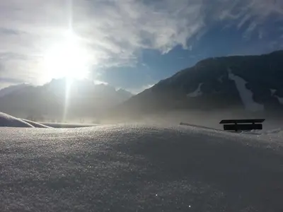 a bench sitting in the middle of a field with the sun at Apartments Balon in Kranjska Gora