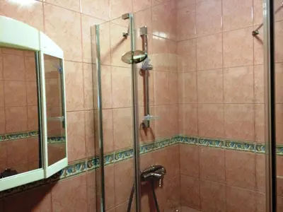 a bathroom with a shower and a mirror at Tourist Farm Šalamun in Banovci