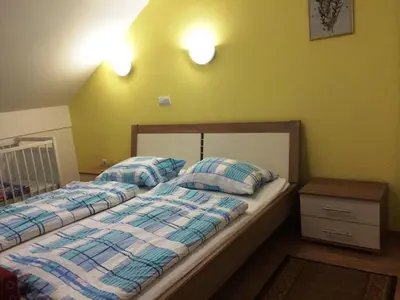two beds in a bedroom with green walls at Tourist Farm Šalamun in Banovci