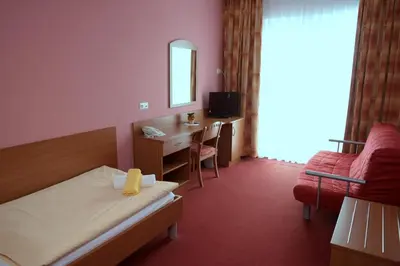 a hotel room with a bed and a desk and a mirror at Penzion Letališče in Murska Sobota