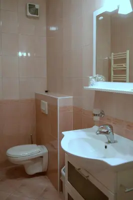 a bathroom with a sink and a toilet and a mirror at Penzion Letališče in Murska Sobota