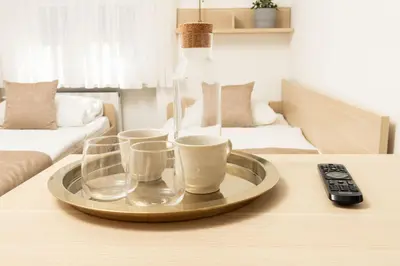 a tray with glasses and a bottle on a table at Guesthouse Špenko in Kamnik