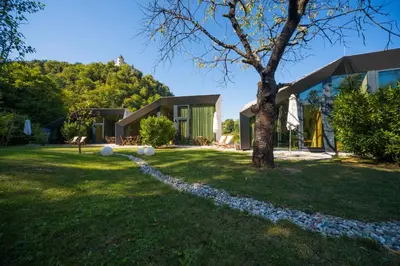a house with a tree in the yard at Ortenia Apartments in Nature in Podčetrtek
