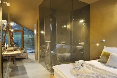 a bathroom with a shower and a bed in a room at Ortenia Apartments in Nature in Podčetrtek
