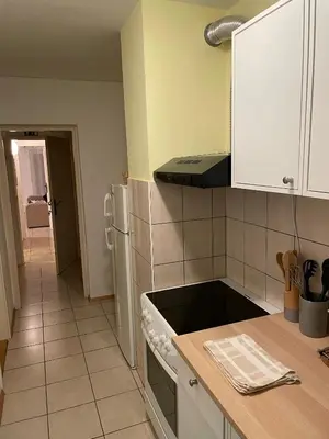 a kitchen with a counter and a stove top oven at Martinov dom in Kranjska Gora