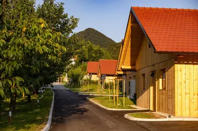 an empty street next to a building with a tree at Martinova izba - Family Bungalows in Laško