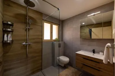 a bathroom with a shower and a toilet and a sink at Martinova izba - Family Bungalows in Laško